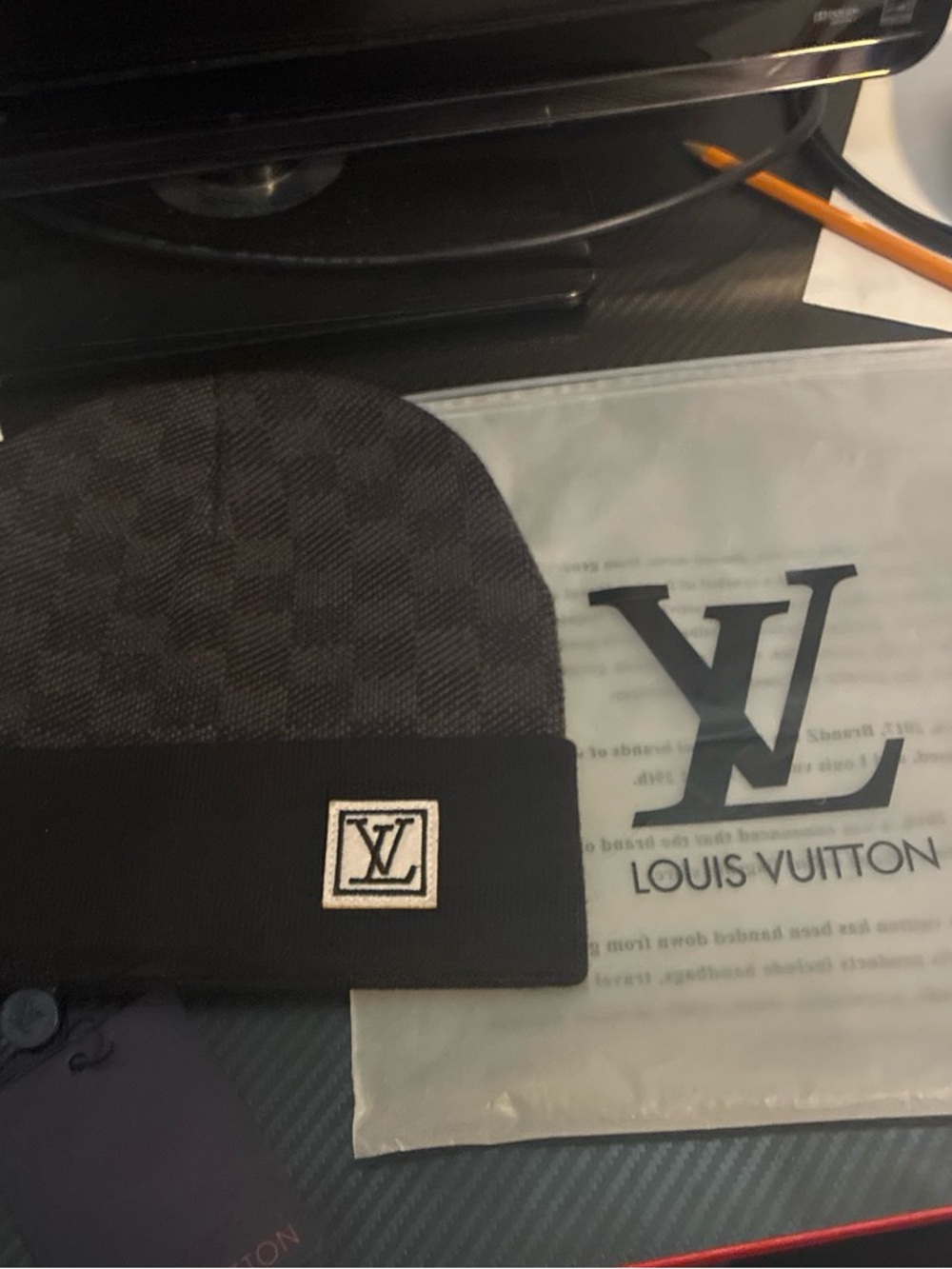 Louis Vuitton Black and Dark Brown Checker Knit Beanie with LV Patch